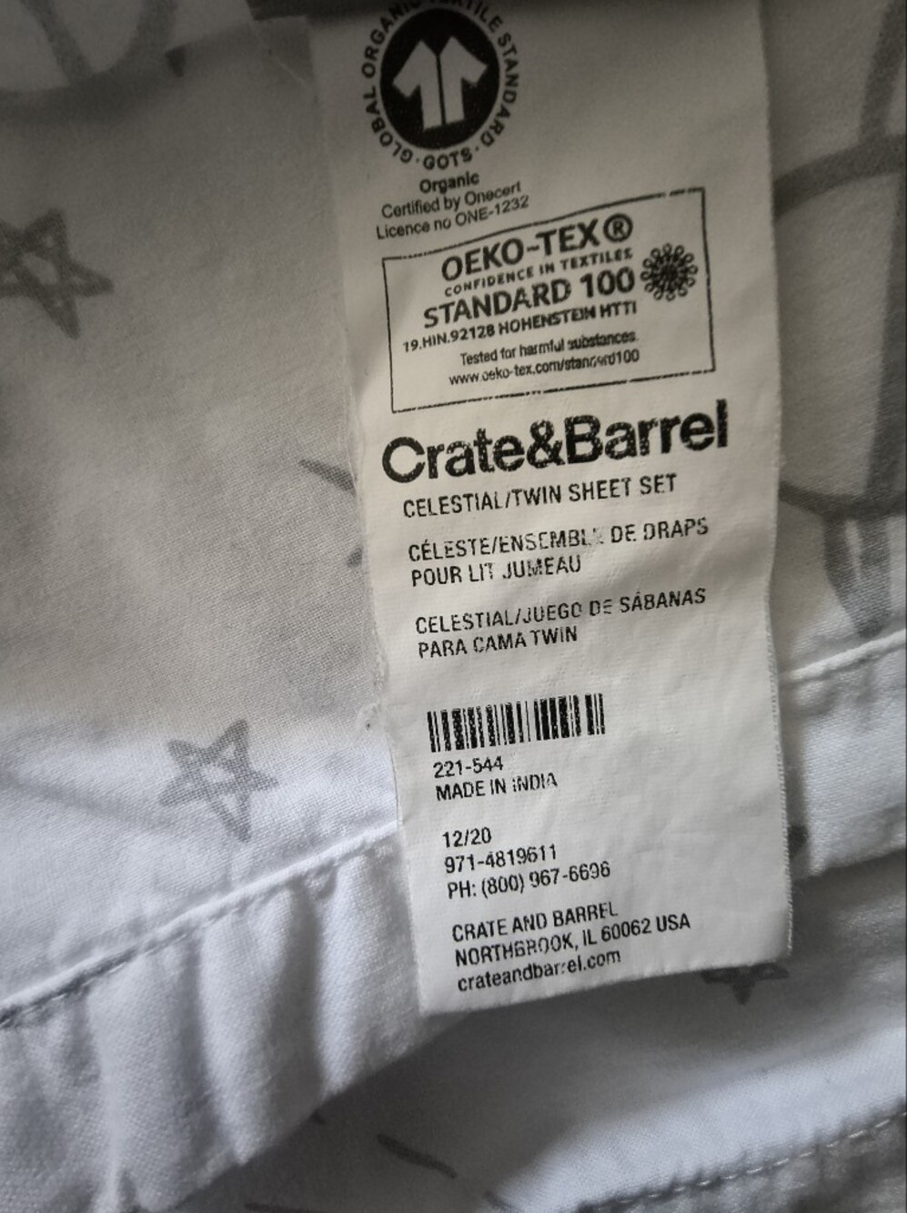 Crate&Barrel Kids Organic Cotton Twin Flat & Fitted Sheet Set Celestial Gray - Picture 6 of 10